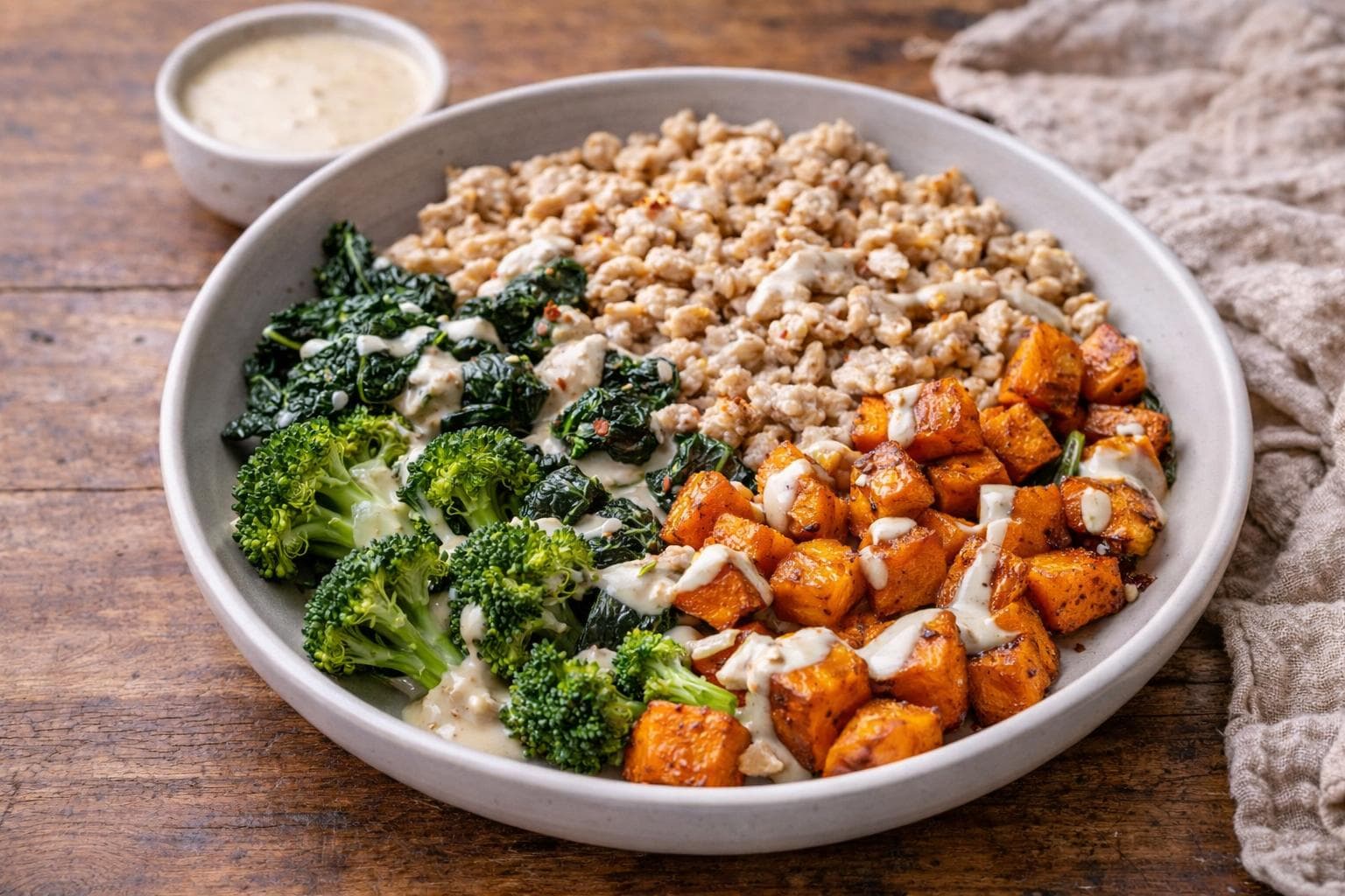 Bowl poulet patate douce brocoli sauce tahini
