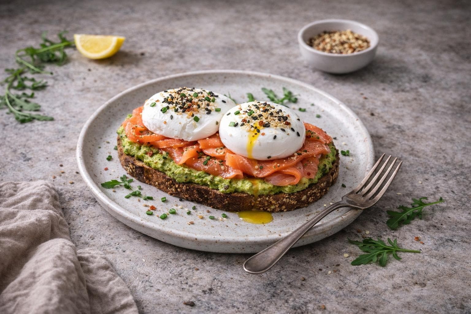 Avocado toast œuf saumon cottage cheese
