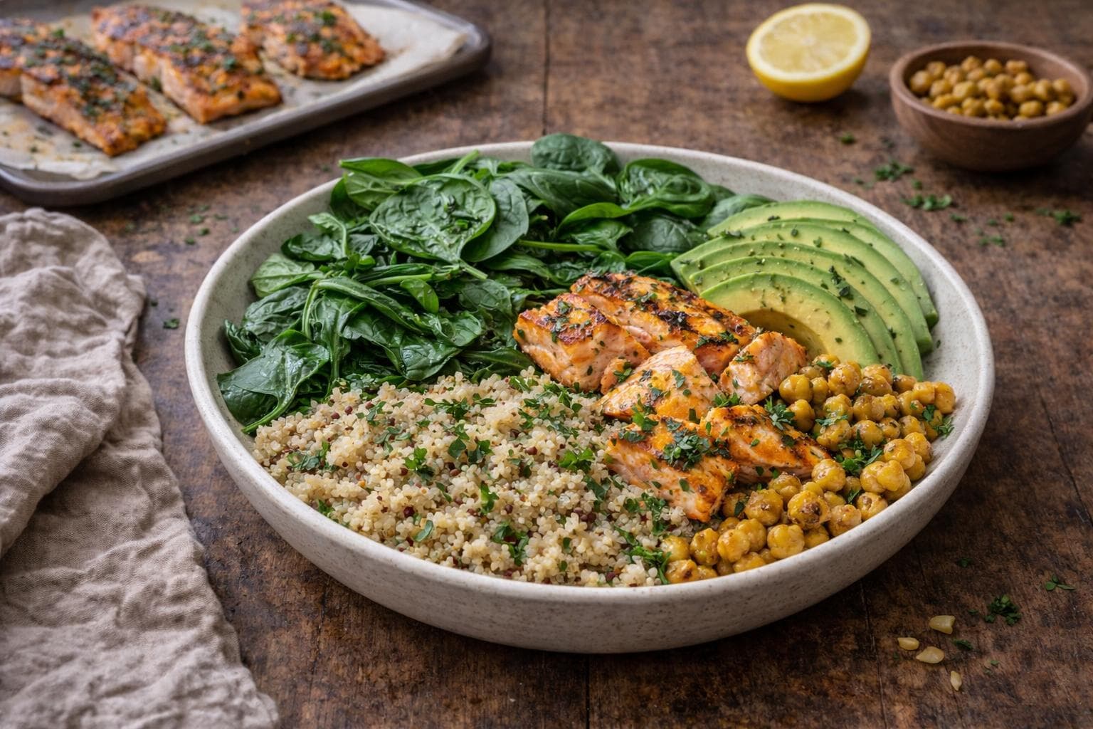 Salade de quinoa aux épinards et saumon grillé