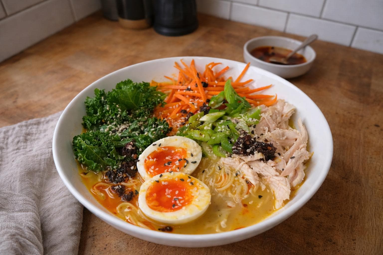 Ramen au poulet légumes verts œuf et bouillon miso