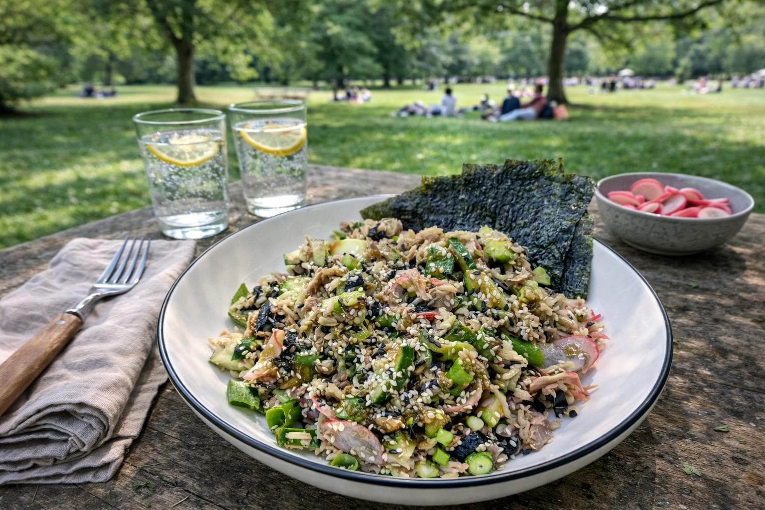 Tuna sushi salad with wholemeal rice, avocado and nori