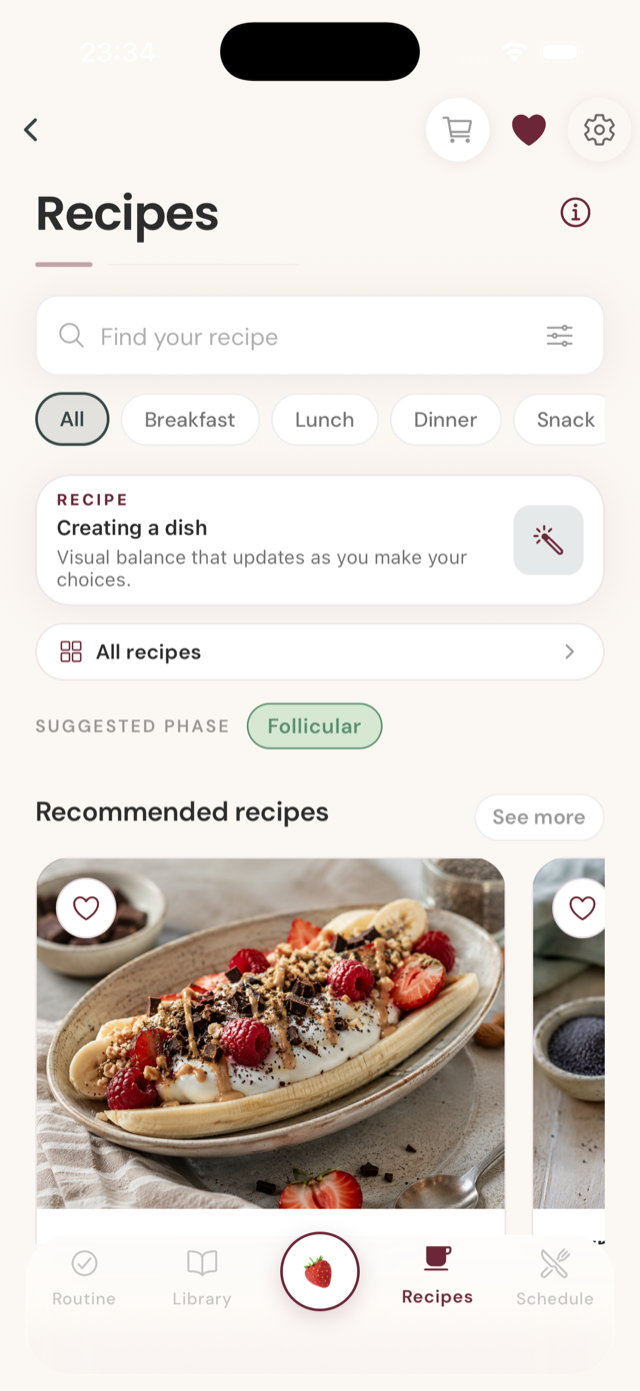 Venus app · recipes screen